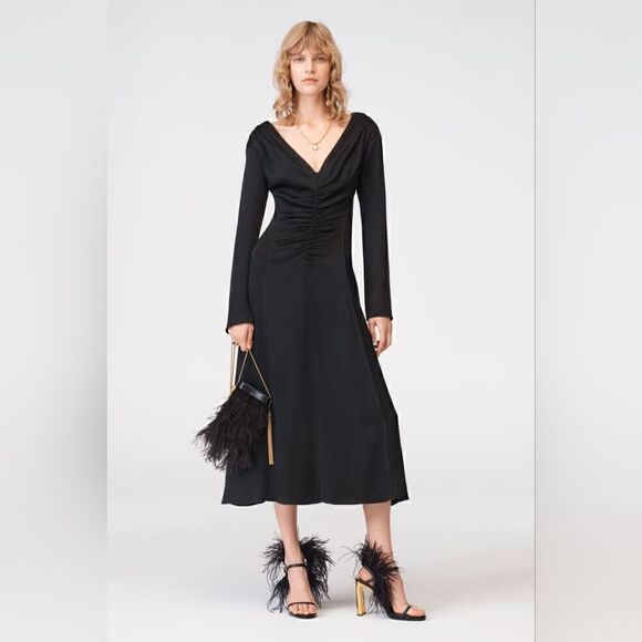 Zara Studio Ruched pleat Long Dress Limited Edition V-neck  long flared sleeves - Picture 3 of 16